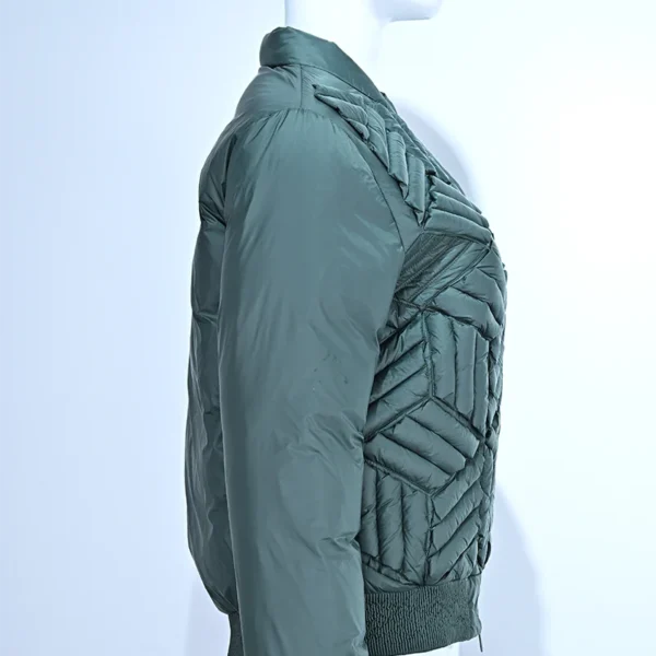 Artisanal Green Striped Down Jacket with Asymmetrical Quilted Paneling - Image 3