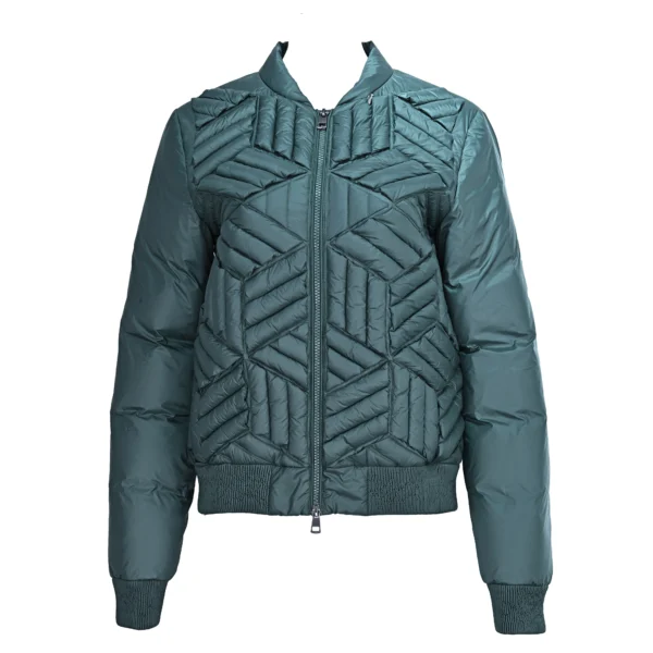 Artisanal Green Striped Down Jacket with Asymmetrical Quilted Paneling