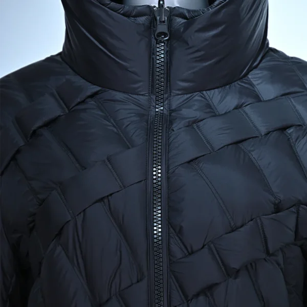 Black Artisanal Striped Down Jacket with Side Vent and Drawstring Hem - Image 5