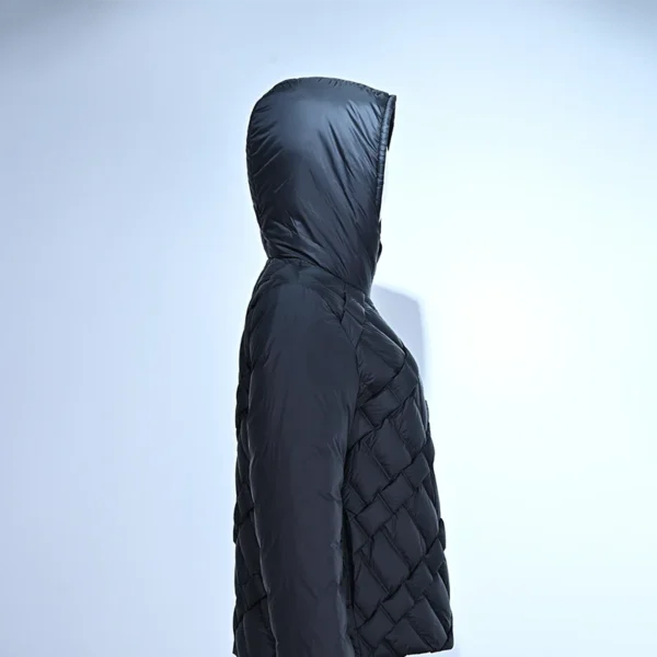 Black Artisanal Striped Down Jacket with Side Vent and Drawstring Hem - Image 3