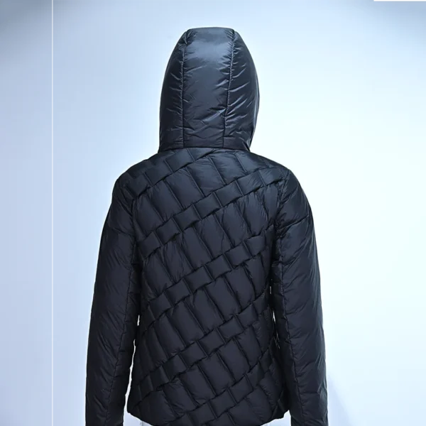 Black Artisanal Striped Down Jacket with Side Vent and Drawstring Hem - Image 2