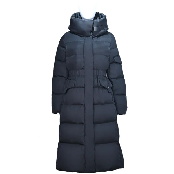 Black Long Hooded Down Jacket with Elastic Waistband