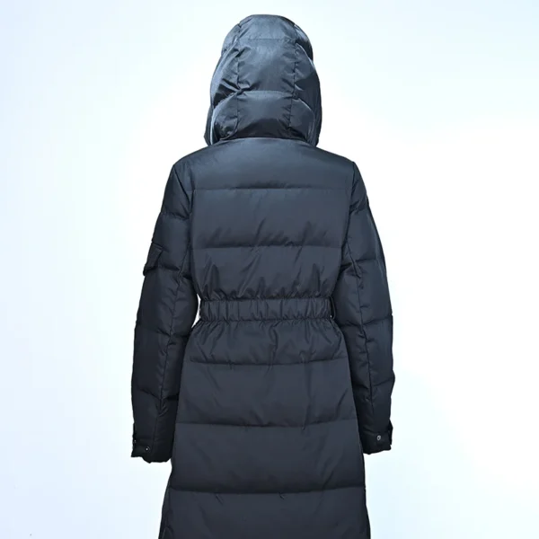Black Long Hooded Down Jacket with Elastic Waistband - Image 2