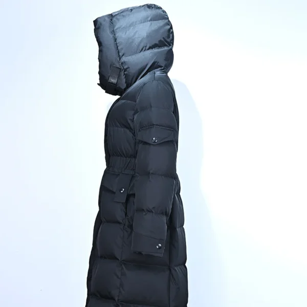 Black Long Hooded Down Jacket with Elastic Waistband - Image 3