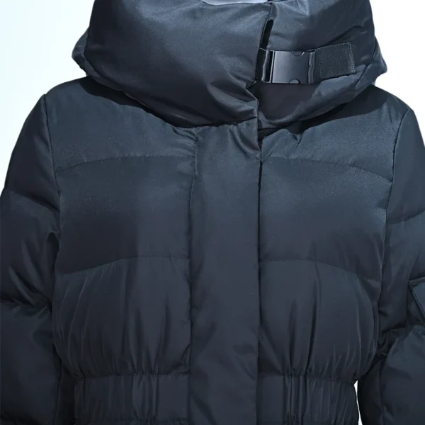 Black Long Hooded Down Jacket with Elastic Waistband - Image 4