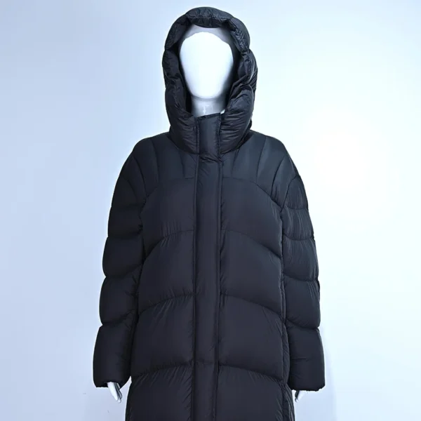 Drop-Shoulder Goose Down Hooded Coat with Interior Piping