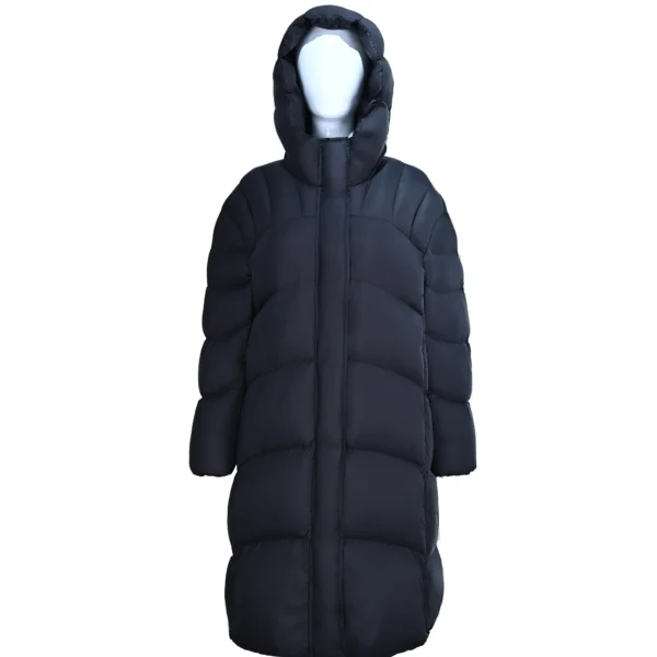 Drop-Shoulder Goose Down Hooded Coat with Interior Piping