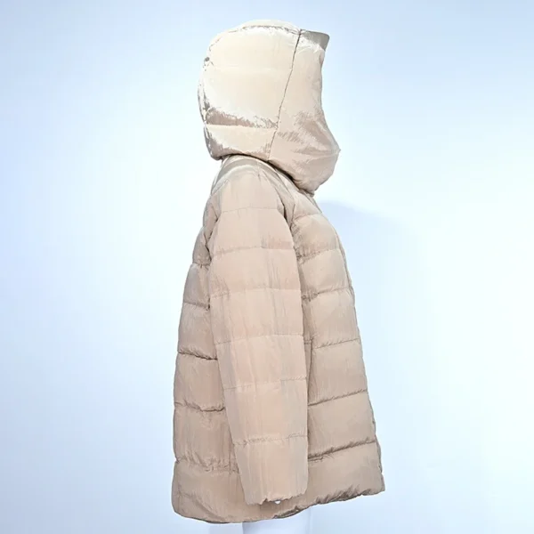 Glossy Beige Hooded Down Jacket with Crinkled Finish – Detachable Hood - Image 3