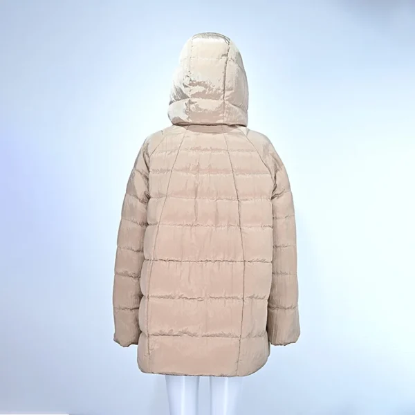 Glossy Beige Hooded Down Jacket with Crinkled Finish – Detachable Hood - Image 2