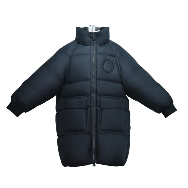 Kids’ Black Mid-Length Hooded Down Jacket