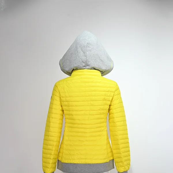 Lightweight Yellow Colorblock Down Jacket with Knit Detachable Hood - Image 2