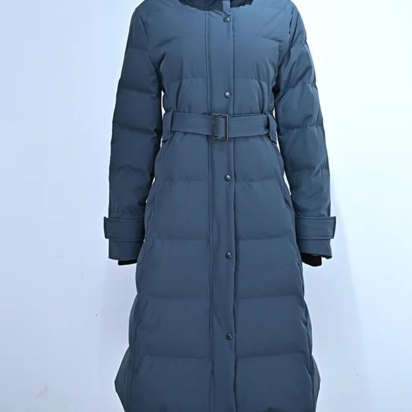 Long Blue Belted Hooded Down Jacket - Image 3