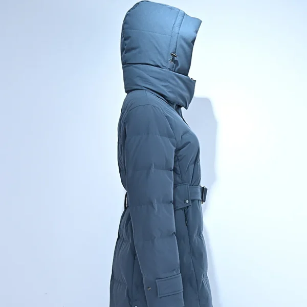 Long Blue Belted Hooded Down Jacket - Image 2