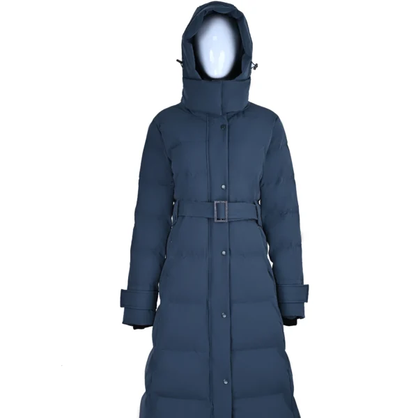 Long Blue Belted Hooded Down Jacket