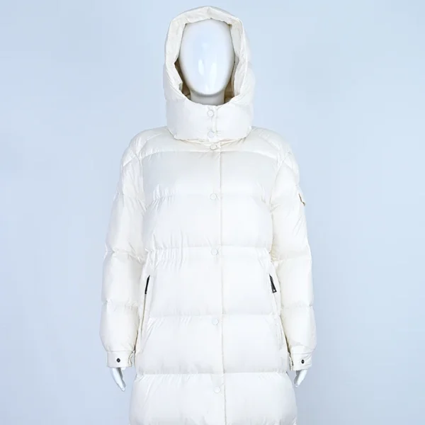 Premium Long Quilted Down Jacket with Elevated Waistline and Detachable Hood