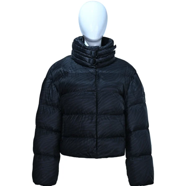 Printed Short Down Jacket with Stand Collar and D-Ring Detail