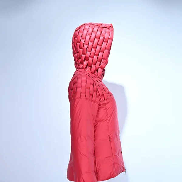 Red Handwoven-Look Striped Down Jacket with Hooded Yoke and Adjustable Cuffs - Image 3
