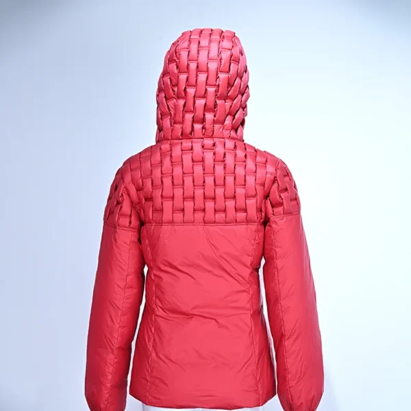 Red Handwoven-Look Striped Down Jacket with Hooded Yoke and Adjustable Cuffs - Image 2