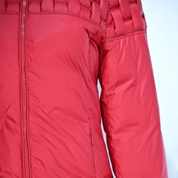 Red Handwoven-Look Striped Down Jacket with Hooded Yoke and Adjustable Cuffs - Image 4