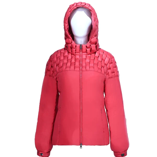 Red Handwoven-Look Striped Down Jacket with Hooded Yoke and Adjustable Cuffs
