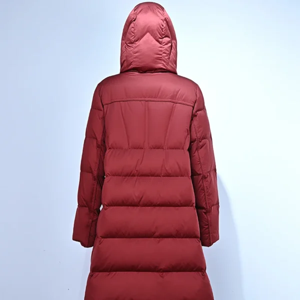 Red Long Belted Hooded Down Jacket - Image 2