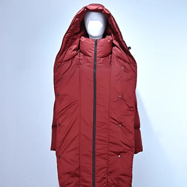 Red Long Belted Hooded Down Jacket - Image 4