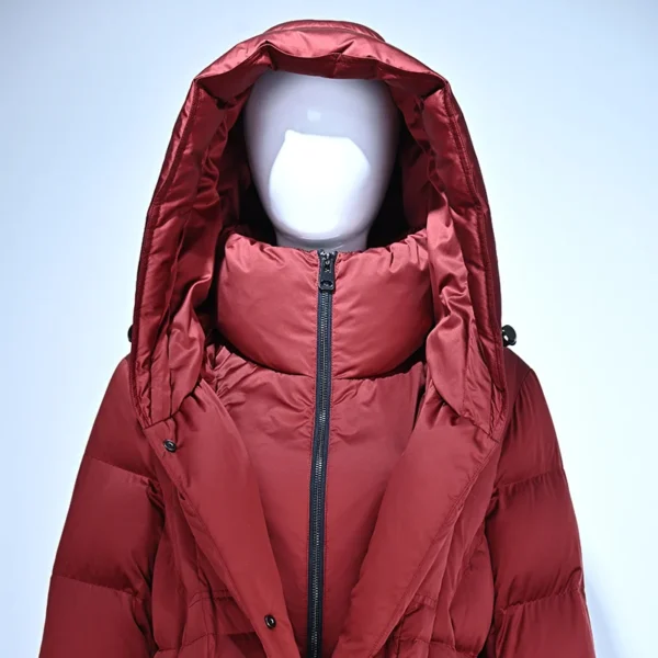 Red Long Belted Hooded Down Jacket - Image 5