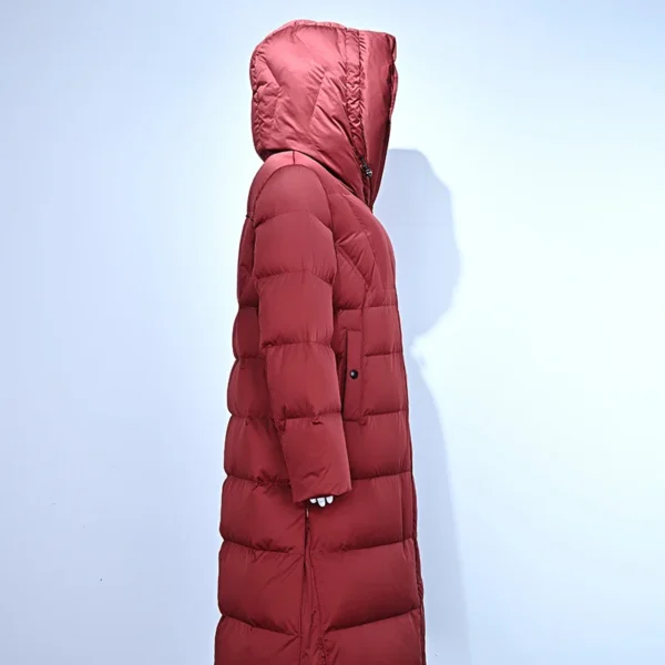 Red Long Belted Hooded Down Jacket - Image 3