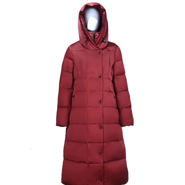 Red Long Belted Hooded Down Jacket
