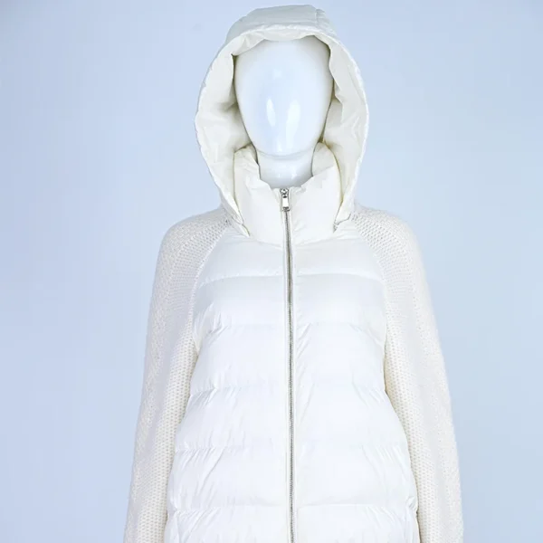White Hybrid Knit-Sleeve Down Jacket with Detachable Hood