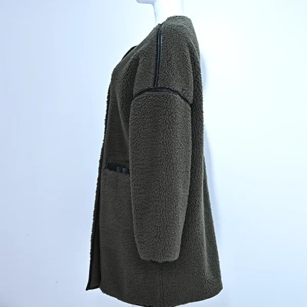 Women's Long Wool-Blend Coat with Faux Leather Trim - Image 3