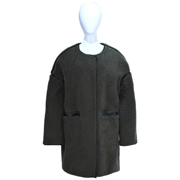Women's Long Wool-Blend Coat with Faux Leather Trim