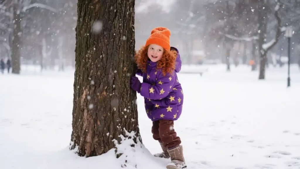The child is wearing a down jacket