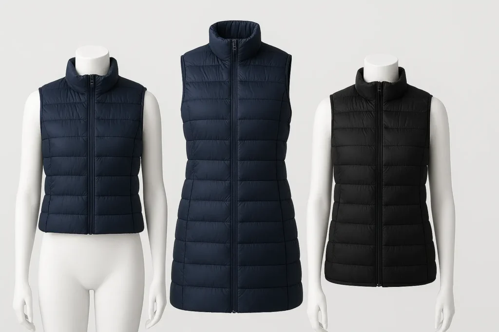 three women's down vests: cropped, longline, packable