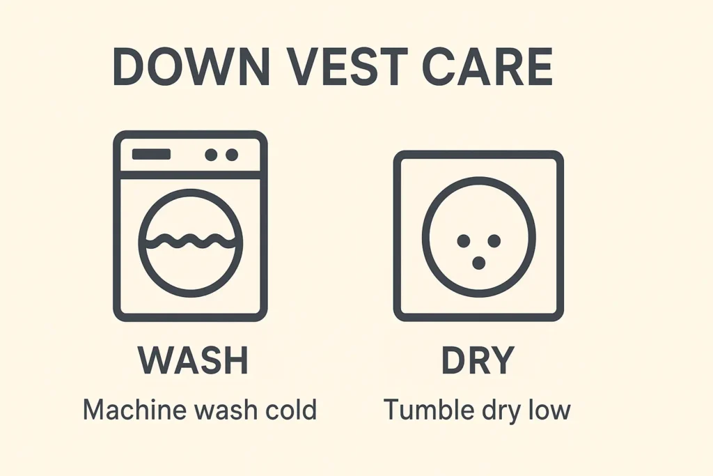 care chart for women's down vests washing and drying tips
