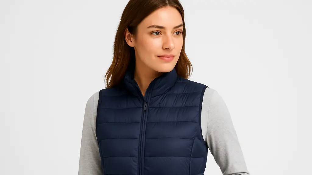 lightweight packable women's down vest navy, folded into pouch